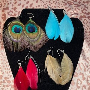 Peacock Feather and Feather Earrings Set